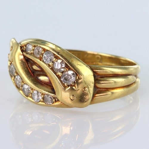 142 - 18ct yellow gold double snake head ring set with five old cut diamonds in each snake, total diamond ... 