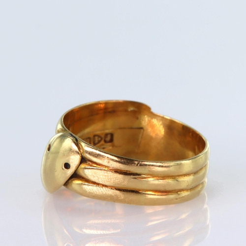 154 - 18ct snake ring (hallmarked Chester 1909) Size T, weight 6.7g