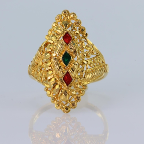 160 - 22ct yellow gold marquise shaped dress ring with red and green enamel decoration and featuring filig... 