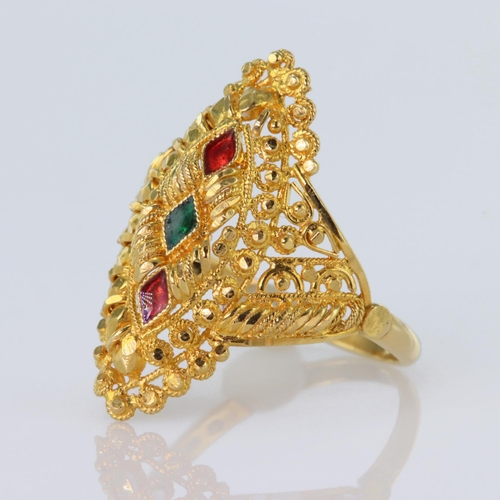 160 - 22ct yellow gold marquise shaped dress ring with red and green enamel decoration and featuring filig... 