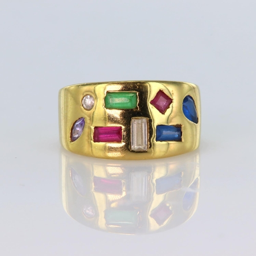 161 - 15ct yellow gold 10mm wide tapering band ring set with rubies, sapphires, emerald, amethyst and past... 