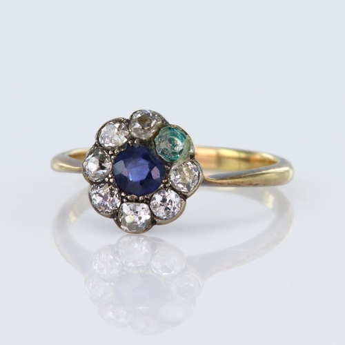 167 - 18ct yellow gold cluster ring with a central round sapphire surrounded by seven round old cut diamon... 