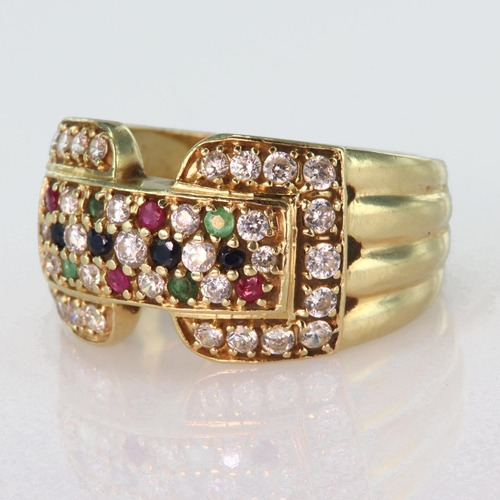 2 - 14ct yellow gold wide band ring set with a central panel of alternating sapphire, ruby, emeralds and... 