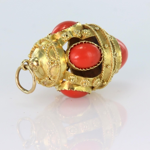 215 - Tests as 15-18ct yellow gold barrel shaped pendant set with coral cabochons, approx. length 3cm, wei... 