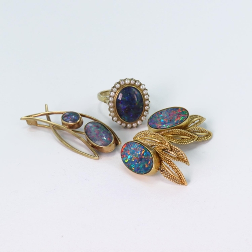 219 - 18ct yellow gold clip on earrings, each set with a slice of opal matrix measuring approx. 17mm x 11m... 