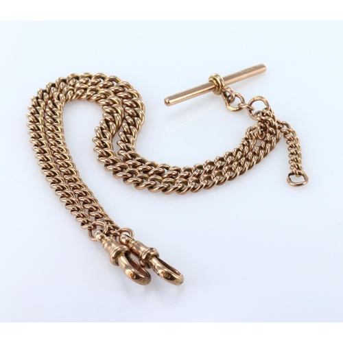 221 - 9ct rose gold graduated double watch chain with T bar and swivel clasps, length 41.5cm, with extra 3... 