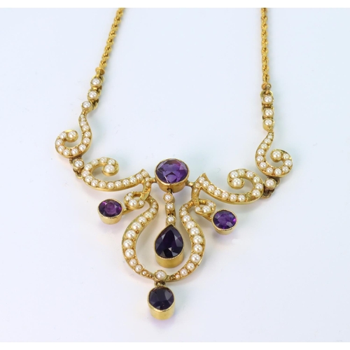 231 - 15ct yellow gold ornate centre panel set with seed pearls (one missing) and amethyst in fixed and su... 