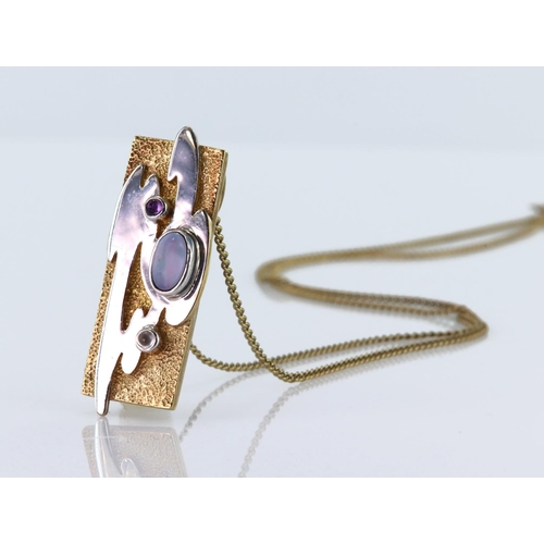 233 - 9ct yellow and white gold abstract design pendant set with an oval opal cabochon and round amethyst ... 