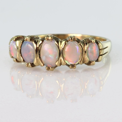 38 - 9ct yellow gold gradutated five stone opal ring, finger size P/Q, weight 3.3g