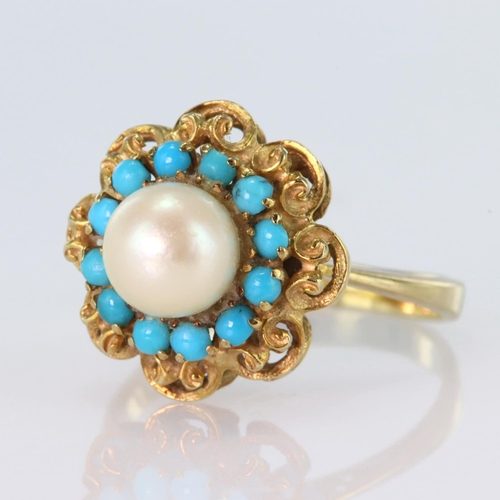 48 - 14ct yellow gold dress ring set with a central cultured pearl surrounded by twelve round turquoise c... 
