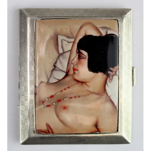 485 - Silver & enamel cigarette case, depicting a reclining topless lady, hallmarked 'W&G, Birmingham, 192... 