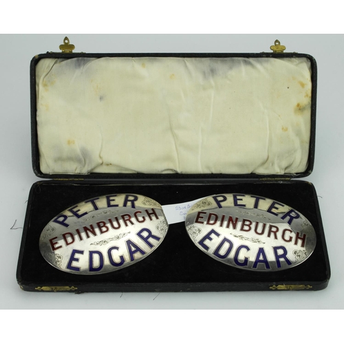 489 - Pair of white metal & enamel bookmakers plates 'Peter Edgar Edinburgh', contained in original fitted... 