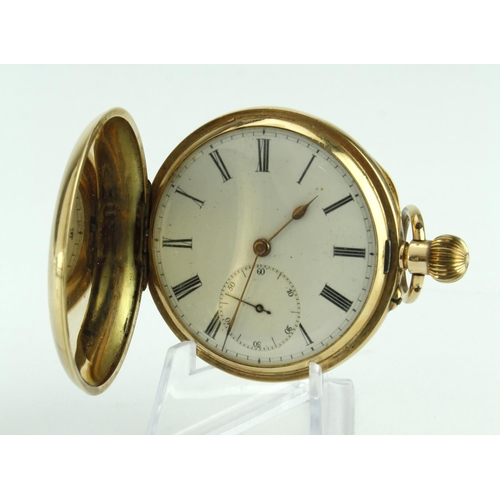 598 - Gents 14kt full hunter pocket watch. The white dial with black roman numerlas and subsidiary second ... 