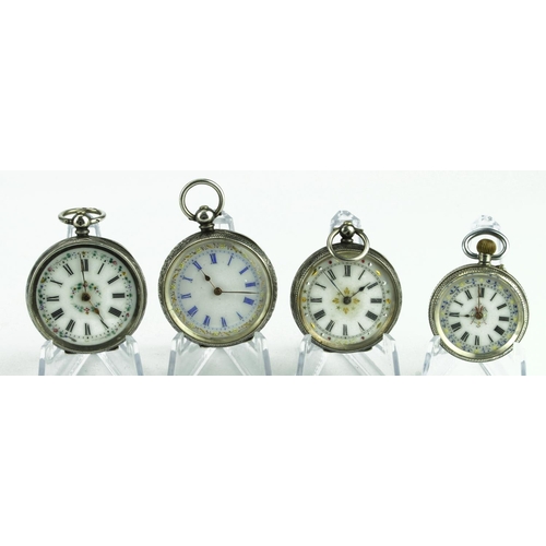 612 - Four silver cased ladies fob watches of various sizes.