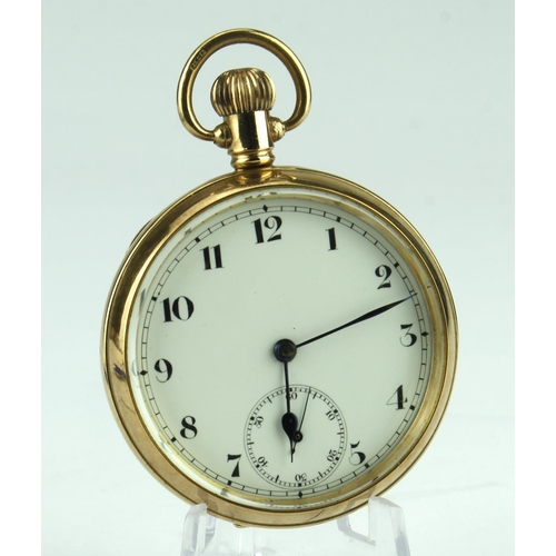 614 - Gents 9ct cased open face pocket watch, hallmarked Chester 1929. The white dial with black arabic nu... 