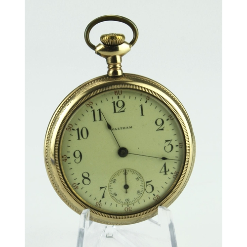 615 - Gents gold plated open face pocket watch by Waltham, circa 1905. The signed cream dial with black ar... 