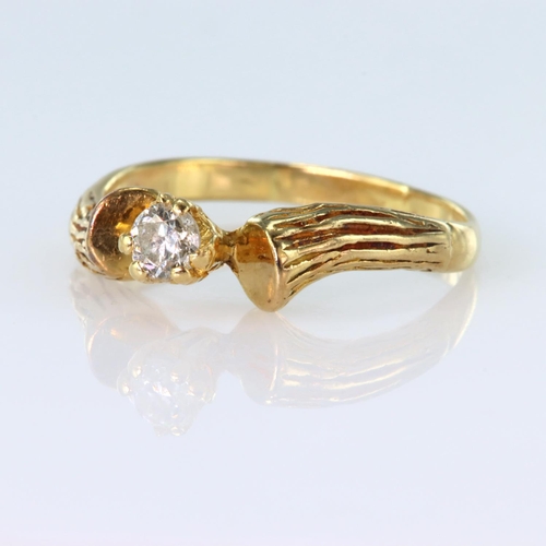 66 - Tests as 18ct yellow gold ring set with a single round brilliant cut diamond in a high six claw moun... 