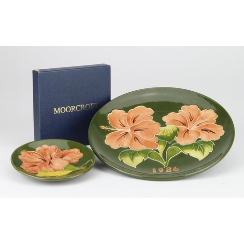 797 - Moorcroft 'Hibiscus'  1968 Plate along with a Hibiscus pin dish. Boxed