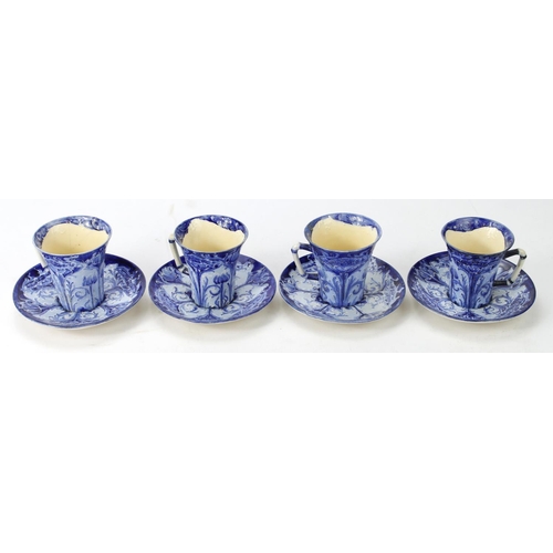 851 - William Moorcroft for James MacIntyre & Co. Florian Ware (326471). Four cups & saucers, each with ma... 