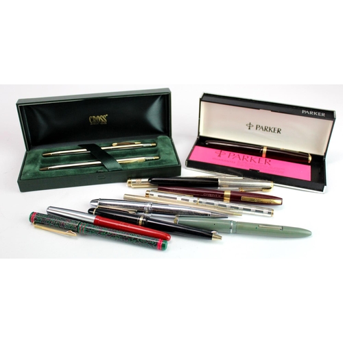 852 - Fountain Pens. A collection of thirteen fountain pens, pencils, etc., including Parker, Waterman, Cr... 