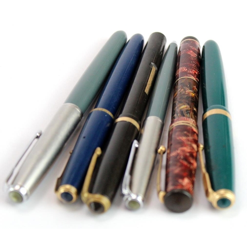 853 - Fountain Pens. A group of six fountain & ballpoint pens, comprising Parker, Swan Visofil & Selsdon