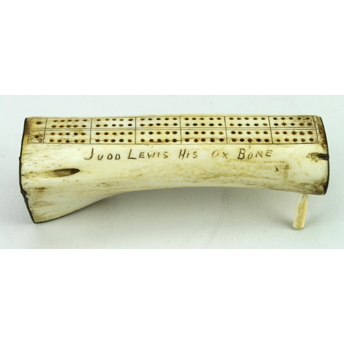 864 - Antique bone cribbage board inscribed 