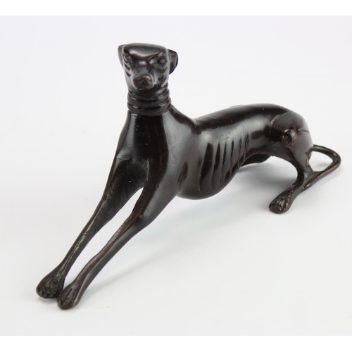 866 - Bronze pair of greyhound / whippet dogs. The first 10cm tall with the other 9cm tall