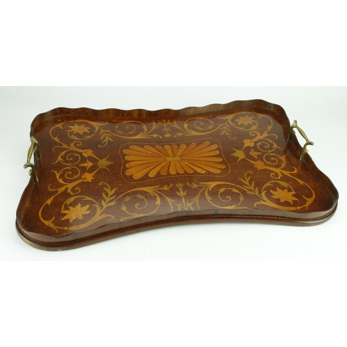 882 - Pair of mahogany trays. The first with decorative inlay work of leaves and a floral design and with ... 