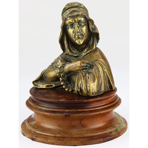 863 - After A Giroux. 19th century cast brass inkwell on a wooden base. In the form of a Middle Eastern ma... 