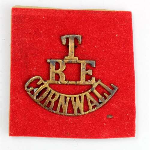 1174 - Badge a T RE Cornwall brass shoulder title with backing plate