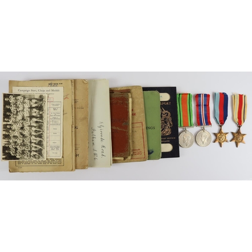 1766 - WW2 Africa star group of four medals with soldiers pay book, release book, photo etc., to 2074180 Sg... 