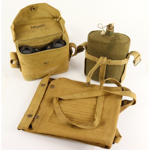 1788 - WW2 pair of binoculars in webbing case with 1944 dated webbing map case and water bottle in cradle.