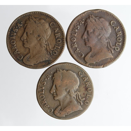 1923 - Farthings (3) Charles II: 1673 Fair, 1674 nF, and 1675 VG