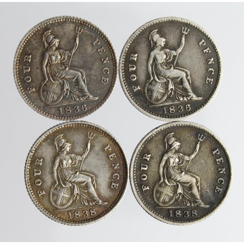 1933 - Groats (4): 1836 GF, 1836 nEF, 1838 nVF, and 1838 EF small scratch.