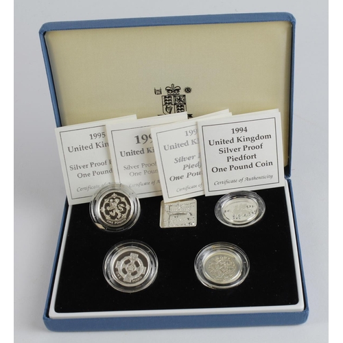 1963 - Royal Mint: Silver Proof Piedfort £1 Four Coin Set 1994-1997, FDC cased with certs.