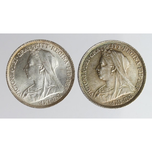 1982 - Sixpences (2) Queen Victoria veiled head: 1900 lightly toned AU, and 1901 Unc