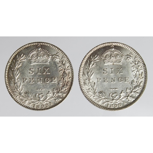 1983 - Sixpences (2): 1890 lightly toned AU, and 1892 EF