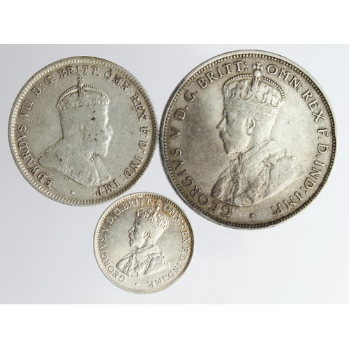 1988 - Australia (3): Florin 1914H, nVF, scarce, Shilling 1910 F/GF, and Threepence 1911 nEF
