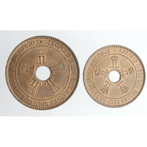 2000 - Belgian Congo (2) 10 Centimes 1889 EF with lustre, and 5 Centimes 1887 AU with lustre.