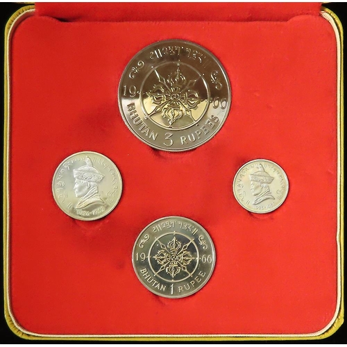 2002 - Bhutan Proof Set KM# PS1: 1966, four coins: 40th Anniversary 25np, 50np, 1R and 3R, aFDC, a little t... 