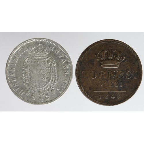 2037 - Italian State Naples (2): Silver 120 Grana 1818, KM# 281, Fine; along with copper 10 Tornesi 1848, K... 