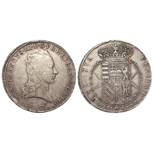 2038 - Italian State Tuscany silver Francescone (10 Paoli) 1798 (scarce date) C# 37, F/VF, scratches.