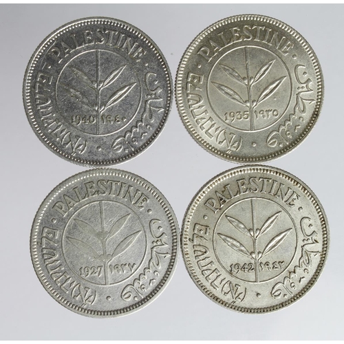 2047 - Palestine silver 50 Mils (4): 1927 GF, 1935 UNC, 1940 VF, and 1942 EF