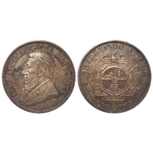 2058 - South Africa silver 5 Shillings 1892, double wagon shaft, toned EF, faint names engraved below portr... 