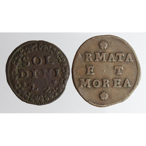 2090 - Venetian 17thC Colonial Copper (2): Armat and Morea Gazzetta nVF, and Crete (Candia) 2&1/2 Soldini, ... 