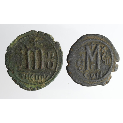 2114 - Byzantine AE Folles (2): Maurice Tiberius, Constantinople, Year 18 = 599-600 AD, S.494, along with T... 