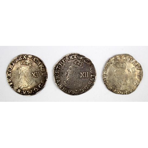 2120 - Charles I Shillings (3): S.2791 mm. Crown, nVF weak on portrait; and 2x similar mm. Tun, Fair-VG