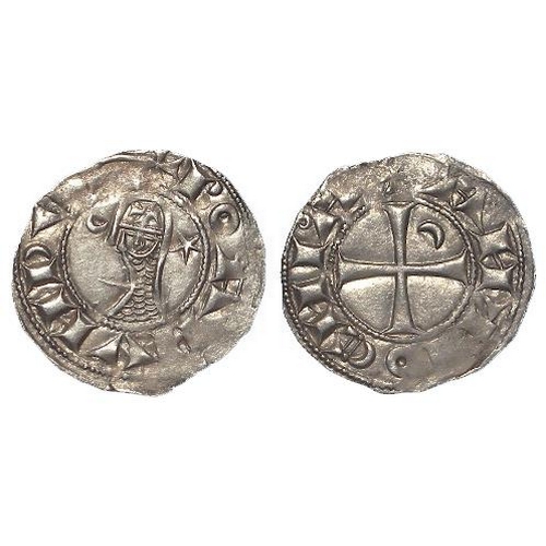 2124 - Crusader Penny: Bohemund III, 1163-1201, silver 'helmet' Denier of Antioch. Helmeted head l. / ANTIO... 