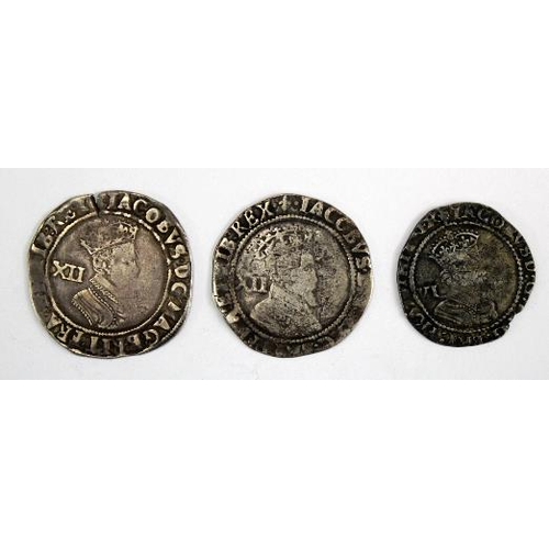 2140 - James I (3): Shillings: Second Coinage, third bust mm. Lis S,2654 Fair; fourth bust mm. Rose S.2655 ... 