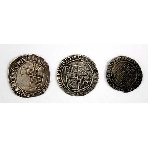 2140 - James I (3): Shillings: Second Coinage, third bust mm. Lis S,2654 Fair; fourth bust mm. Rose S.2655 ... 